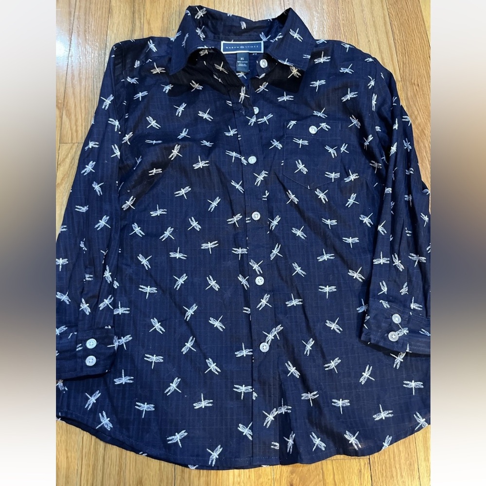 Karen Scott Dark Blue Dragonfly Shirt XS 3/4 sleeve w/ buttons. Cotton